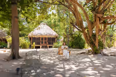 Woman reading on a tree swing at luxury resort in tropical Belize garden