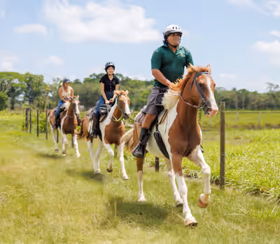 Equestrian guide leading two women on horseback through grassy meadows in Belize